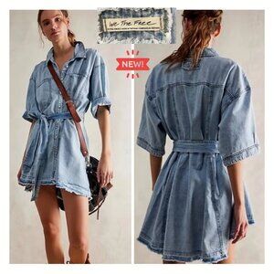 NEW NWT $128 MD LG Free People Jenny Blue Denim Peplum Style Tie Waist Tunic Top